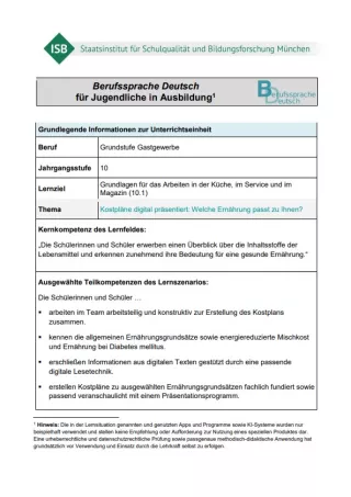 Unterrichtsplanung: Kostplan: Welche Ernährung passt zu mir? (Neue Version - PDF)