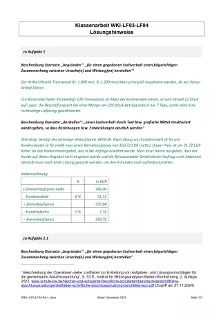 Unterrichtsbaustein: Lösungshinweise Klassenarbeit – Lernfelder 3 und 4 (PDF, barrierefrei)