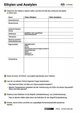 Unterrichtsbaustein: Ethen und Ethin – Partnerarbeit