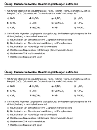 Arbeitsblatt: Ionenschreibweise, Reaktionsgleichungen aufstellen