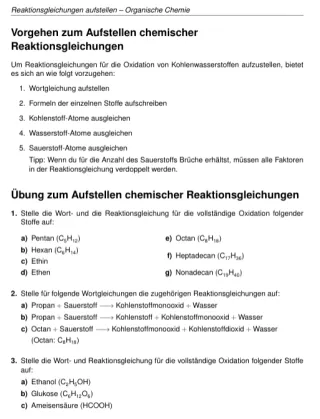Arbeitsblatt: Reaktionsgleichungen aufstellen (OC)