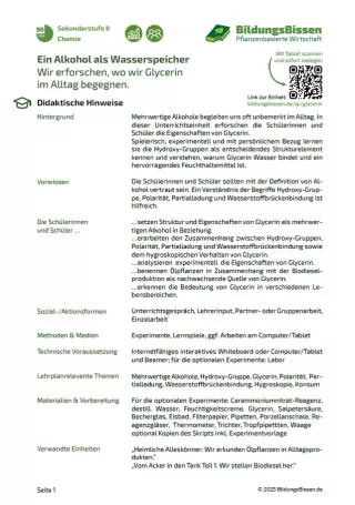 Unterrichtsbaustein: Ein Alkohol als Wasserspeicher: Wir erforschen, wo wir Glycerin im Alltag begegnen. | Didaktische Hinweise