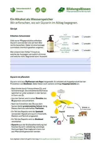 Arbeitsblatt: Ein Alkohol als Wasserspeicher: Wir erforschen, wo wir Glycerin im Alltag begegnen. | Arbeitsmaterialien