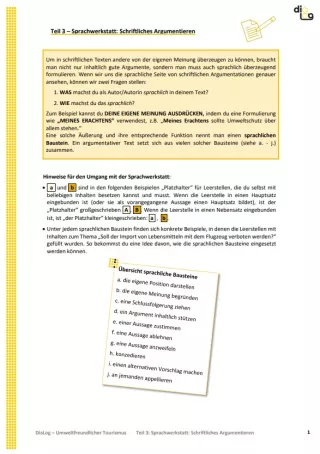 Arbeitsblatt: Umweltfreundlicher Tourismus | MonoDiaLog und MultiDiaLog | Teil 3: Sprachwerkstatt: Schriftliches Argumentieren