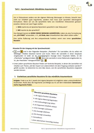 Arbeitsblatt: Elektroautos | MonoDiaLog | Teil 2: Sprachwerkstatt: Mündliches Argumentieren