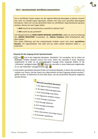 Arbeitsblatt: Einwegtüten | MonoDiaLog und MultiDiaLog | Teil 3: Sprachwerkstatt: Schriftliches Argumentieren