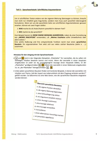 Arbeitsblatt: Elektroautos | MonoDiaLog und MultiDiaLog | Teil 3: Sprachwerkstatt: Schriftliches Argumentieren