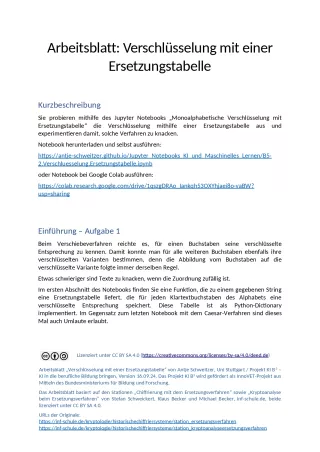 Arbeitsblatt: B5-2 Verschlüsselung - Arbeitsblatt: Verschlüsselung mit einer Ersetzungstabelle