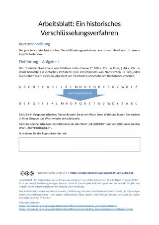 Arbeitsblatt: B5-1 Verschlüsselung - Arbeitsblatt: Ein historisches Verschlüsselungsverfahren
