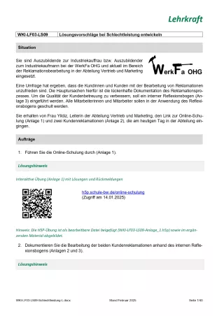 Unterrichtsplanung: Lernsituation Lernfeld 3 - Lösungsvorschläge bei Schlechtleistung entwickeln (Version Lehrkraft) (PDF, barrierefrei)