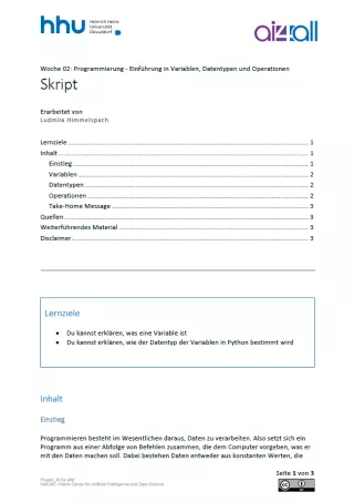 Kurs: Woche 2 | Programmierung | Einführung in Variablen, Datentypen und Operationen (PDF)