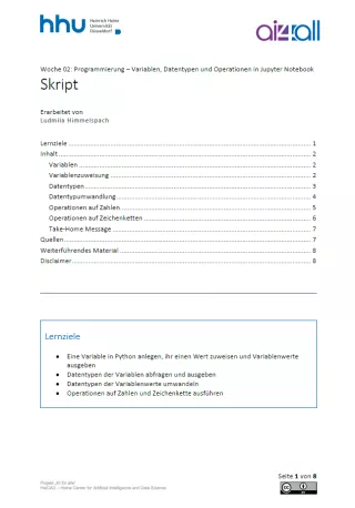 Kurs: Woche 2 | Programmierung | Variablen, Datentypen und Operationen in Jupyter Notebook (PDF)