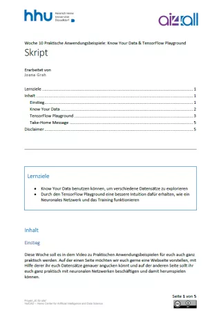 Kurs: Woche 10 | Anwendungsbeispiele | Know Your Data &amp; TensorFlow Playground (PDF)