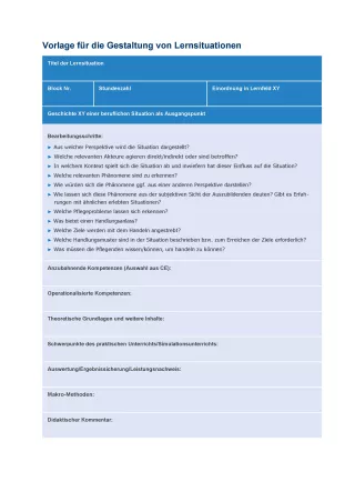 Unterrichtsplanung: Handreichung für die Pflegeausbildung am Lernort Pflegeschule | Vorlage für die Gestaltung von LS