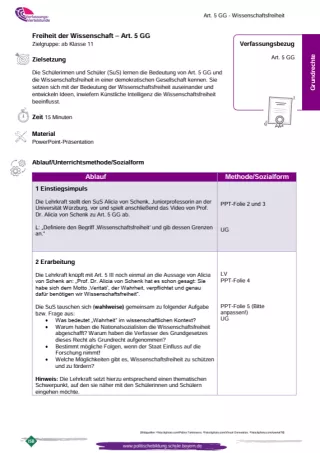 Unterrichtsplanung: Kunst- und Wissenschaftsfreiheit - Art. 5 GG (PDF)