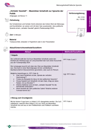 Unterrichtsplanung: „Verbaler Saustall…" - Maximilian Schafroth zur Sprache der Politik - Art. 5 GG (PDF)