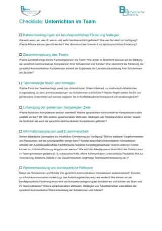 Sonstiges: Unterrichten im Team: Checkliste