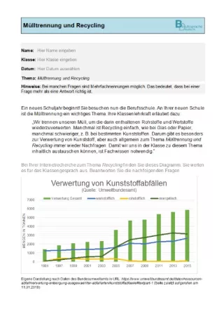 Arbeitsblatt: Lernstandsfeststellung: Mülltrennung und Recycling: Worddatei für Lehrkräfte