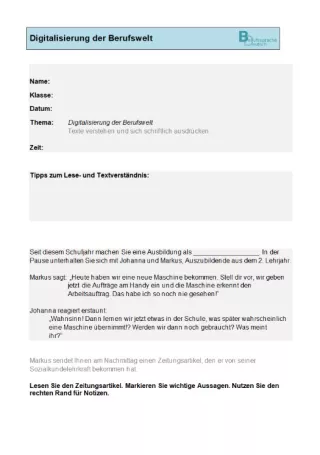Arbeitsblatt: Lernstandsfeststellung: Digitalisierung der Berufswelt: Paper-Pencil-Test mit Bewertungshinweisen