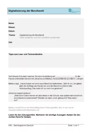 Arbeitsblatt: Lernstandsfeststellung: Digitalisierung der Berufswelt: Paper-Pencil-Test