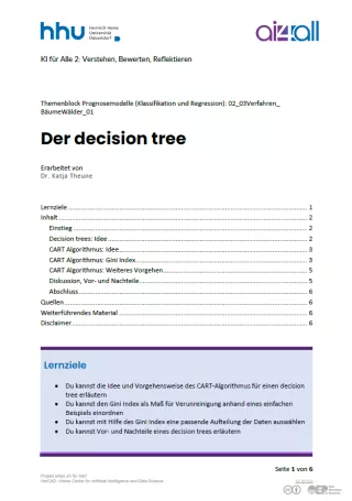 Kurs: Prognosemodelle: Klassifikation und Regression | 03 | Der decision tree (PDF)