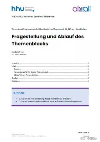 Kurs: Prognosemodelle: Klassifikation und Regression | 01 | Fragestellung und Ablauf des Themenblocks (PDF)