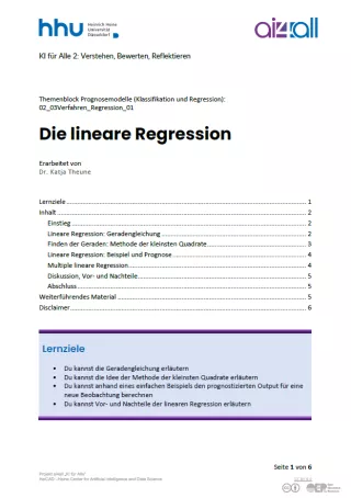 Kurs: Prognosemodelle: Klassifikation und Regression | 03 | Die lineare Regression (PDF)