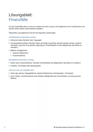 Arbeitsblatt: Finanzen gestalten | Finanzfälle (Lösungsblatt)