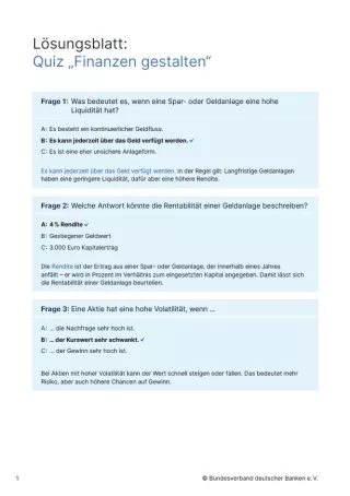 Arbeitsblatt: Finanzen gestalten | Interaktives Quiz (Lösungsblatt)