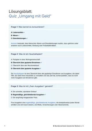 Arbeitsblatt: Umgang mit Geld | Interaktives Quiz (Lösungsblatt)