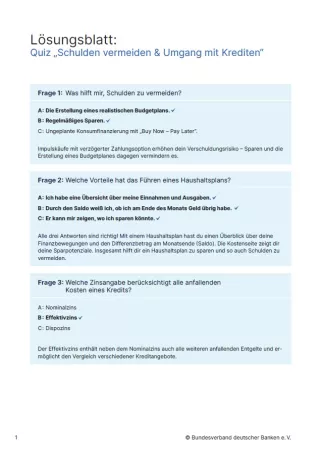 Arbeitsblatt: Schulden vermeiden | Interaktives Quiz (Lösungsblatt)