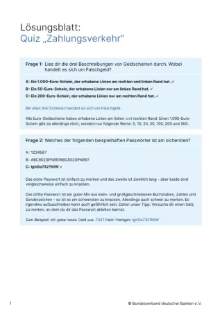 Arbeitsblatt: Zahlungsverkehr | Interaktives Quiz (Lösungsblatt)