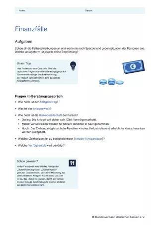 Arbeitsblatt: Finanzen gestalten | Finanzfälle (Arbeitsblatt)