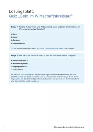 Arbeitsblatt: Geld im Wirtschaftskreislauf | Interaktives Quiz (Lösungsblatt)