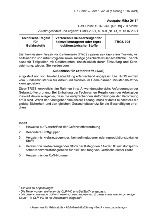 Broschuere: Technische Regeln für Gefahrstoffe: Verzeichnis krebserzeugender, keimzellmutagener oder reproduktionstoxischer Stoffe