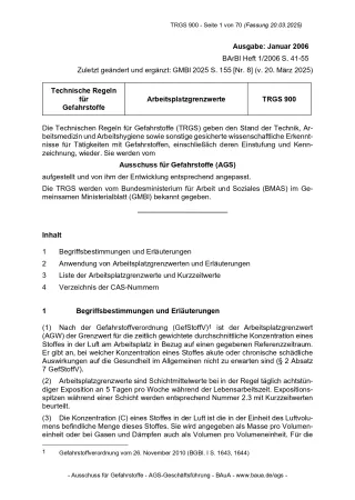 Broschuere: Technische Regeln für Gefahrstoffe: Arbeitsplatzgrenzwerte