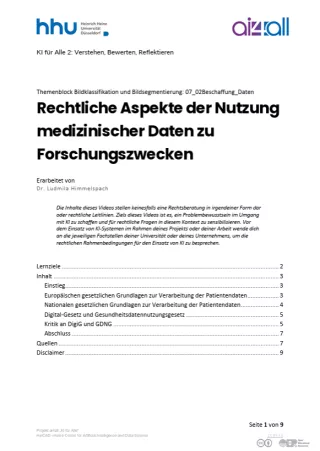 Kurs: Bildklassifikation und Bildsegmentierung | 03 | Rechtliche Aspekte der Nutzung medizinischer Daten zu Forschungszwecken (PDF)