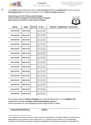 Arbeitsblatt: Leseplan – Vorlage