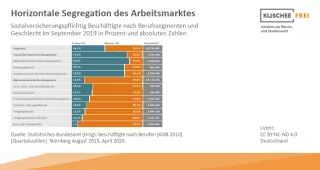 Infografik: Horizontale Segregation des Arbeitsmarktes | Abbildung 1 | Sozialversicherungspflichtig Beschäftigte nach Berufssegmenten und Geschlecht