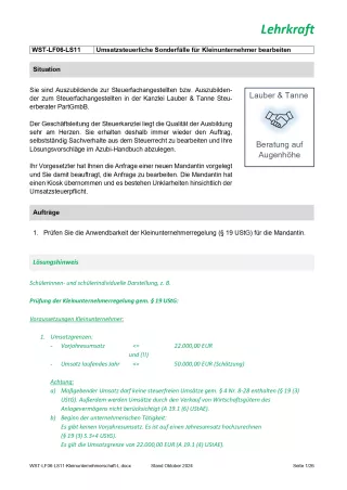 Unterrichtsbaustein: Umsatzsteuerliche Sonderfälle für Kleinunternehmer bearbeiten (Version Lehrkraft) (DOCX)