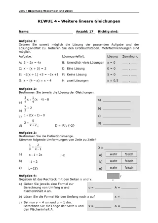 Arbeitsblatt: Mathematik für die Berufsfachschule: REWUE 4 Weitere lineare Gleichungen