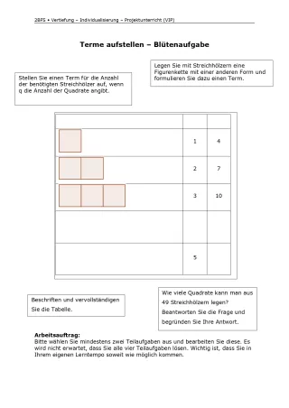 Arbeitsblatt: Mathematik für die Berufsfachschule: Terme aufstellen | Blütenaufgabe