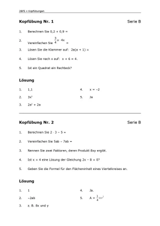 Arbeitsblatt: Mathematik für die Berufsfachschule: Kopfübungen B1 und B2
