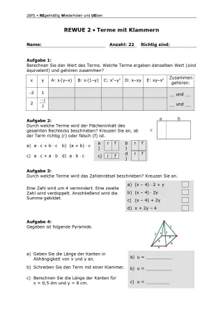 Arbeitsblatt: Mathematik für die Berufsfachschule: REWUE 2 Terme mit Klammern