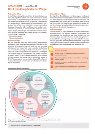 Arbeitsblatt: I care Pflege | Unterschiedliche Pflegesettings | Die 4 Handlungsfelder der Pflege (Arbeitsblatt)