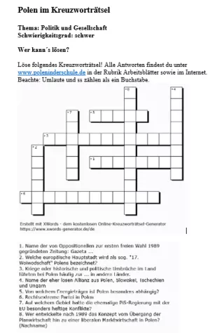 Arbeitsblatt: Politik und Gesellschaft in Polen | schwer