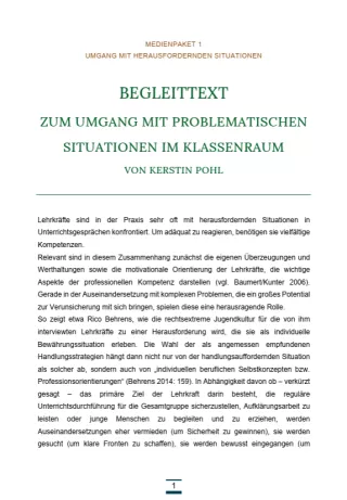 Text: Medienpaket 1 | Umgang mit herausfordernden Situationen | Wissenschaftlicher Begleittext