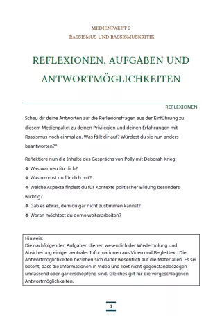 Arbeitsblatt: Medienpaket 2 | Rassismus und Rassismuskritik | Reflexionen und Aufgaben
