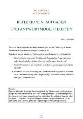 Unterrichtsbaustein: Medienpaket 5 | Gute Demokratie | Reflexionen und Aufgaben