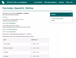 Webseite: Pappe: Formate, Gewicht, Stärke